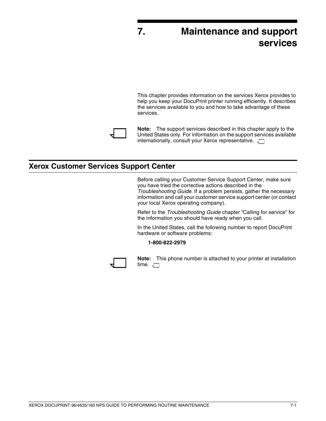 Xerox 96 manual Maintenance and support services, Xerox Customer Services Support Center 