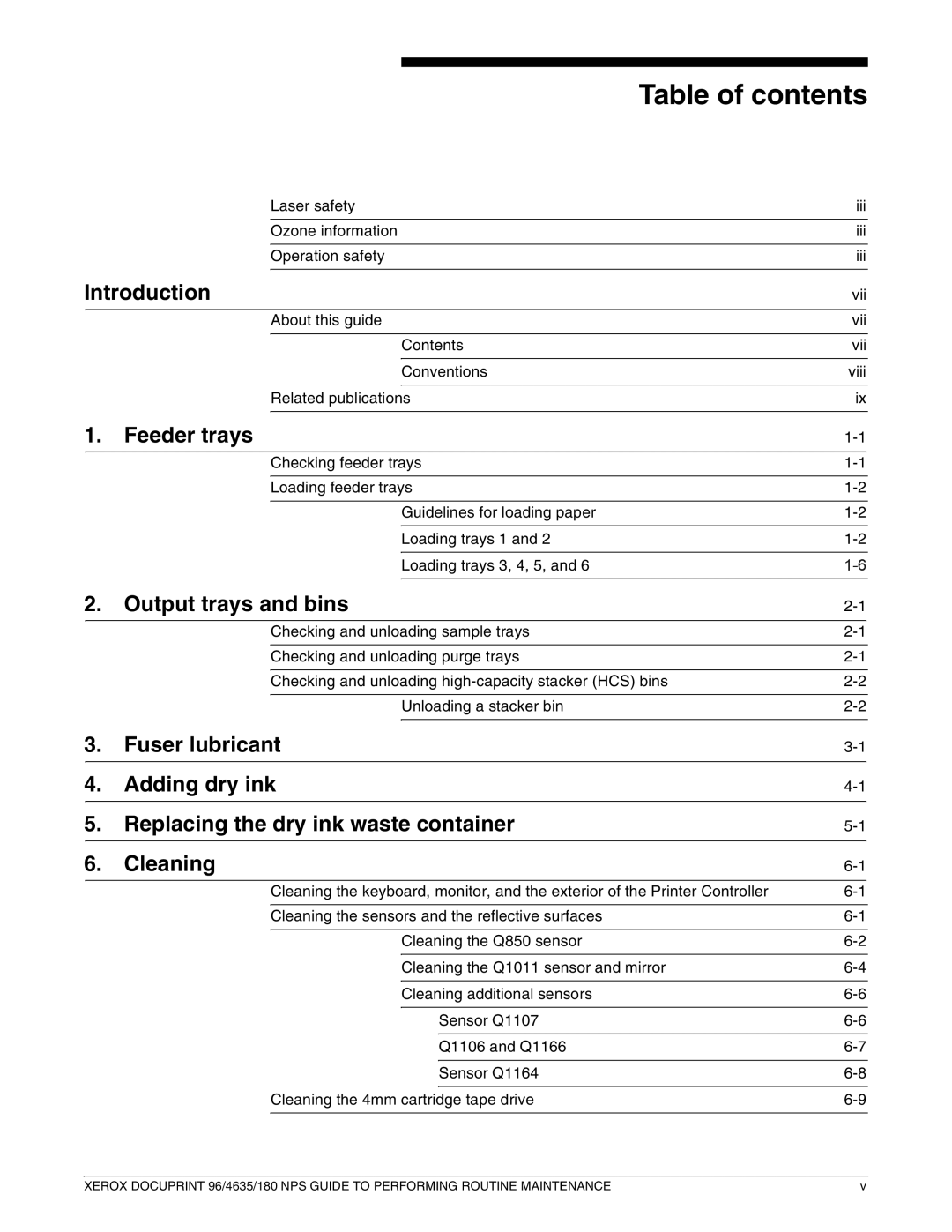 Xerox 96 manual Table of contents 