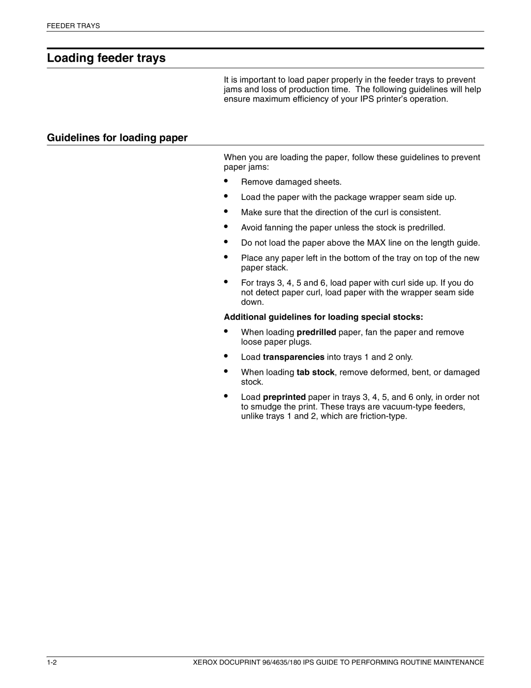 Xerox 96/4635/180 IPS manual Loading feeder trays, Guidelines for loading paper 