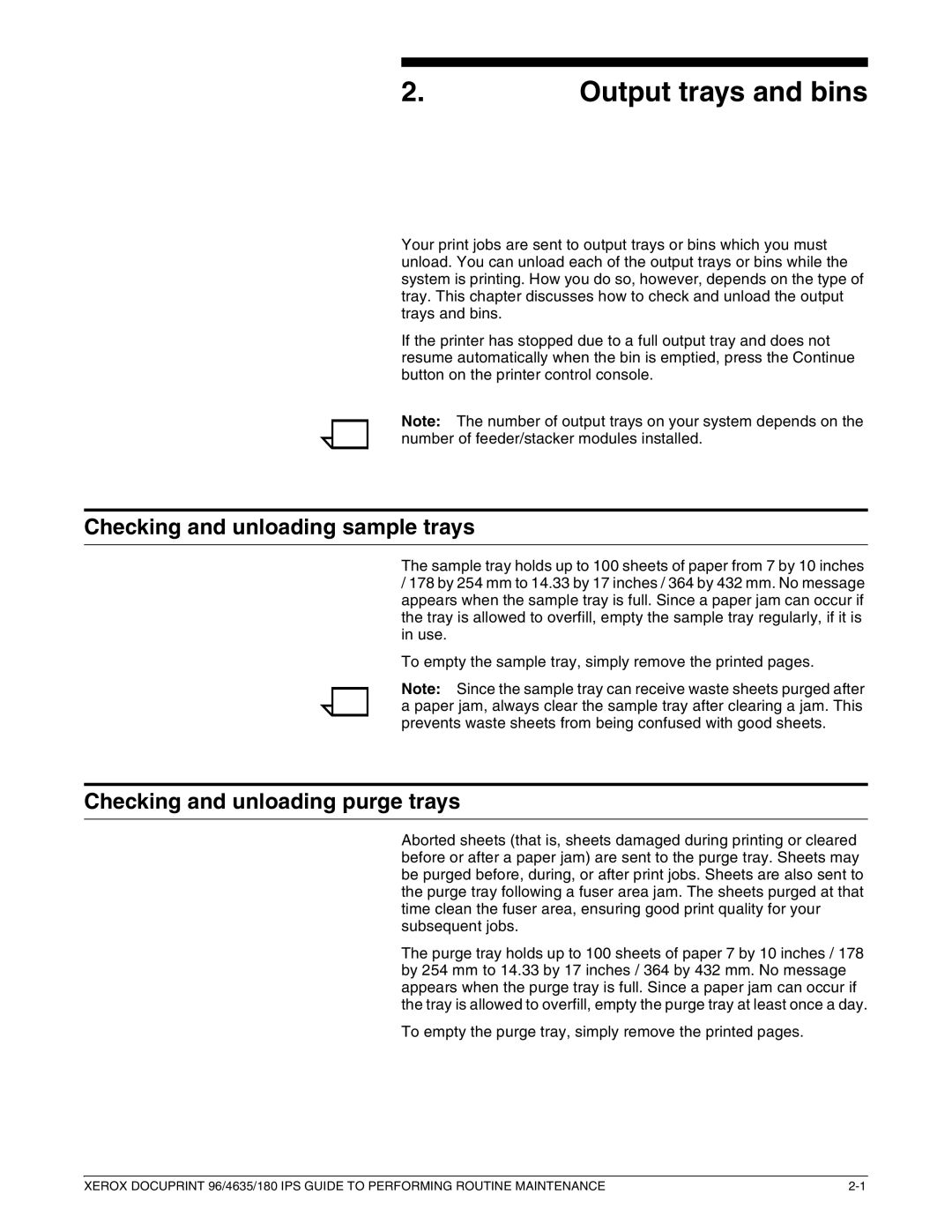 Xerox 96/4635/180 IPS manual Output trays and bins, Checking and unloading sample trays, Checking and unloading purge trays 