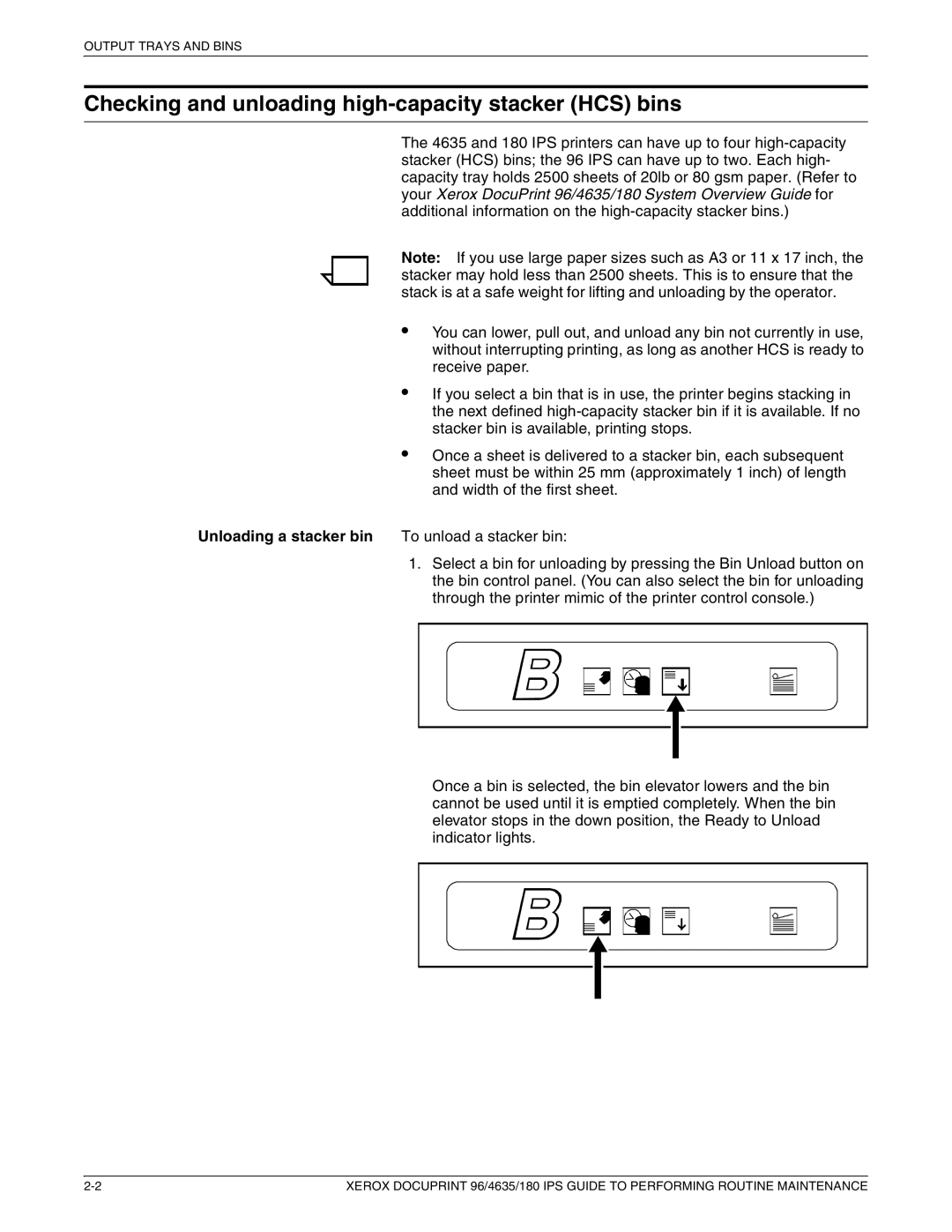 Xerox 96/4635/180 IPS manual Checking and unloading high-capacity stacker HCS bins 