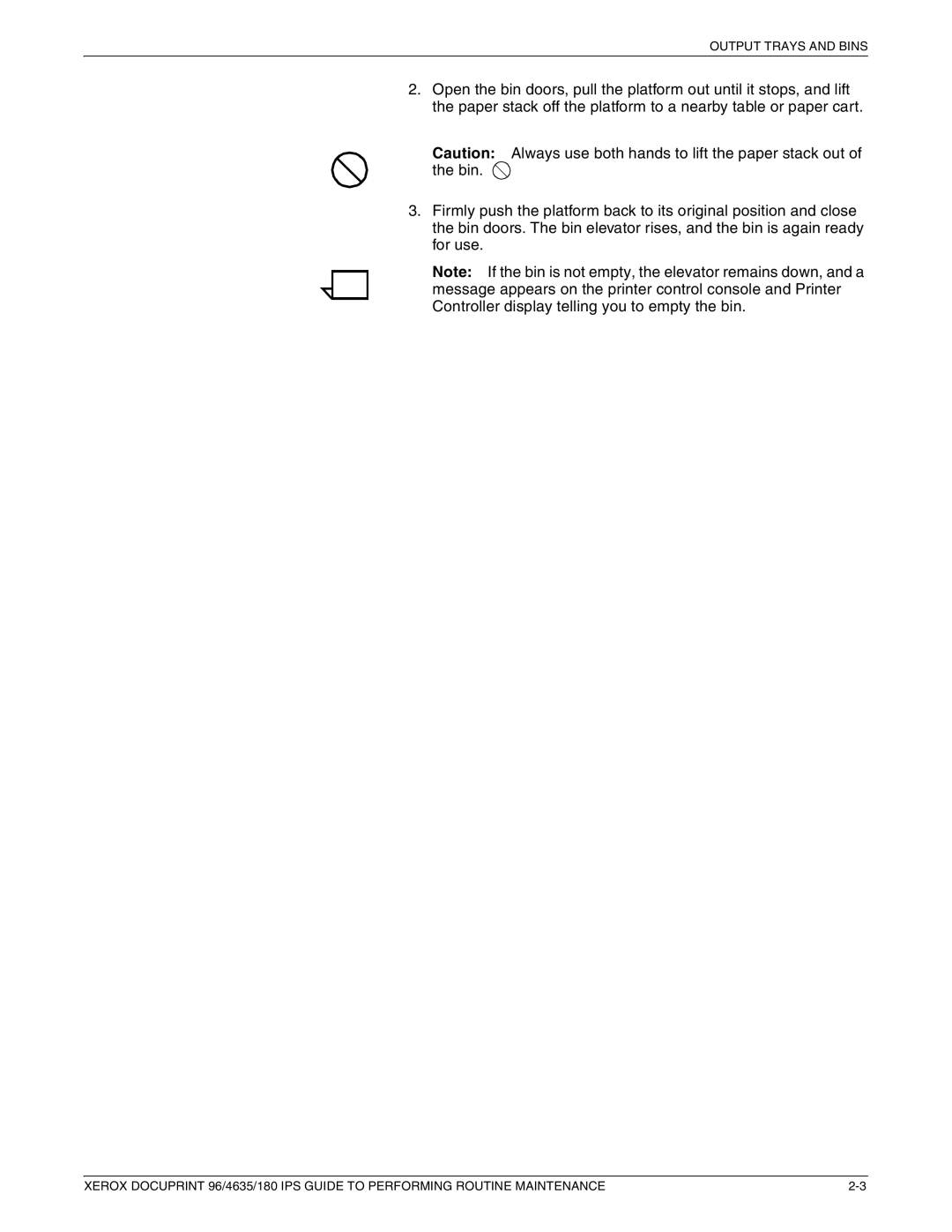 Xerox 96/4635/180 IPS manual Output Trays and Bins 