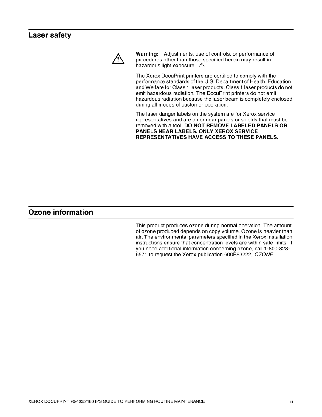 Xerox 96/4635/180 IPS manual Laser safety, Ozone information 