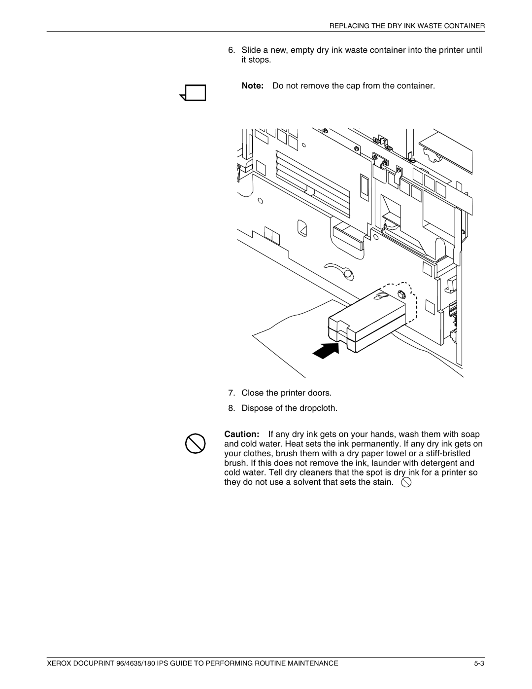 Xerox 96/4635/180 IPS manual Replacing the DRY INK Waste Container 