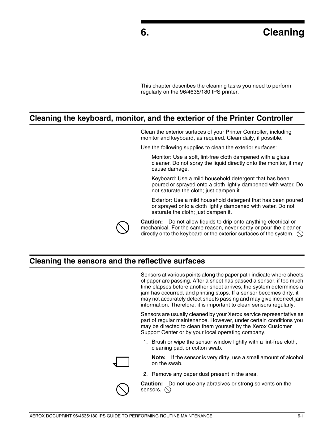 Xerox 96/4635/180 IPS manual Cleaning the sensors and the reflective surfaces 