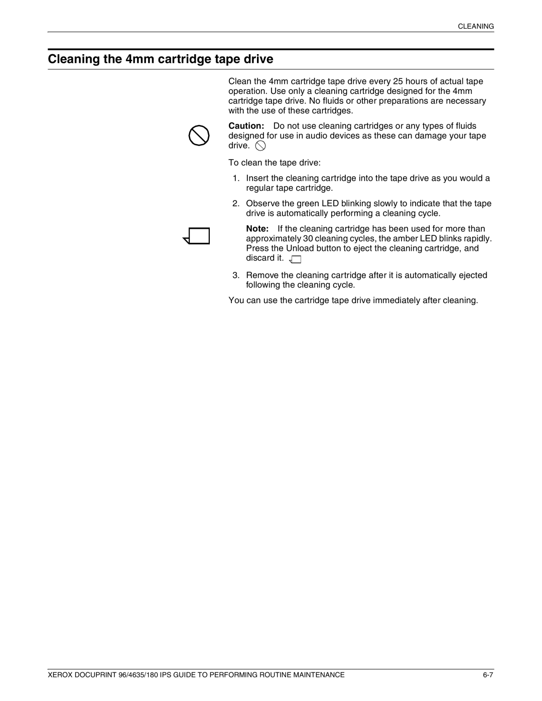 Xerox 96/4635/180 IPS manual Cleaning the 4mm cartridge tape drive 