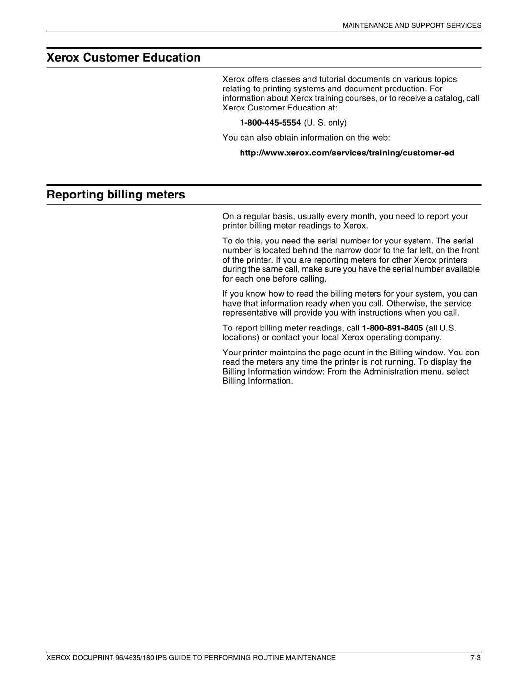 Xerox 96/4635/180 IPS manual Xerox Customer Education, Reporting billing meters 