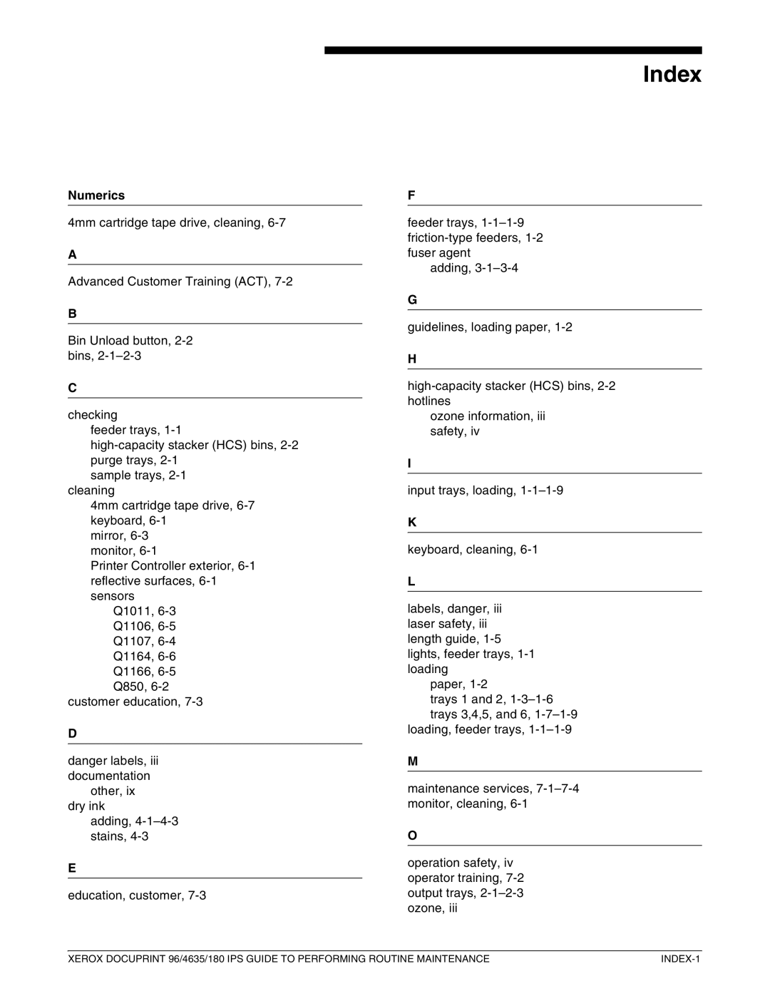 Xerox 96/4635/180 IPS manual Index, Numerics 