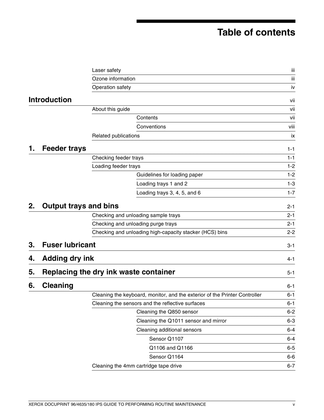 Xerox 96/4635/180 IPS manual Table of contents 