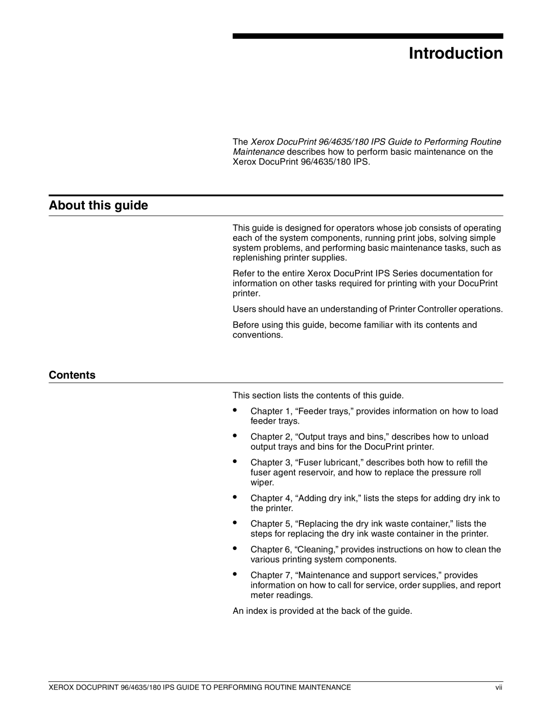 Xerox 96/4635/180 IPS manual Introduction, About this guide, Contents 