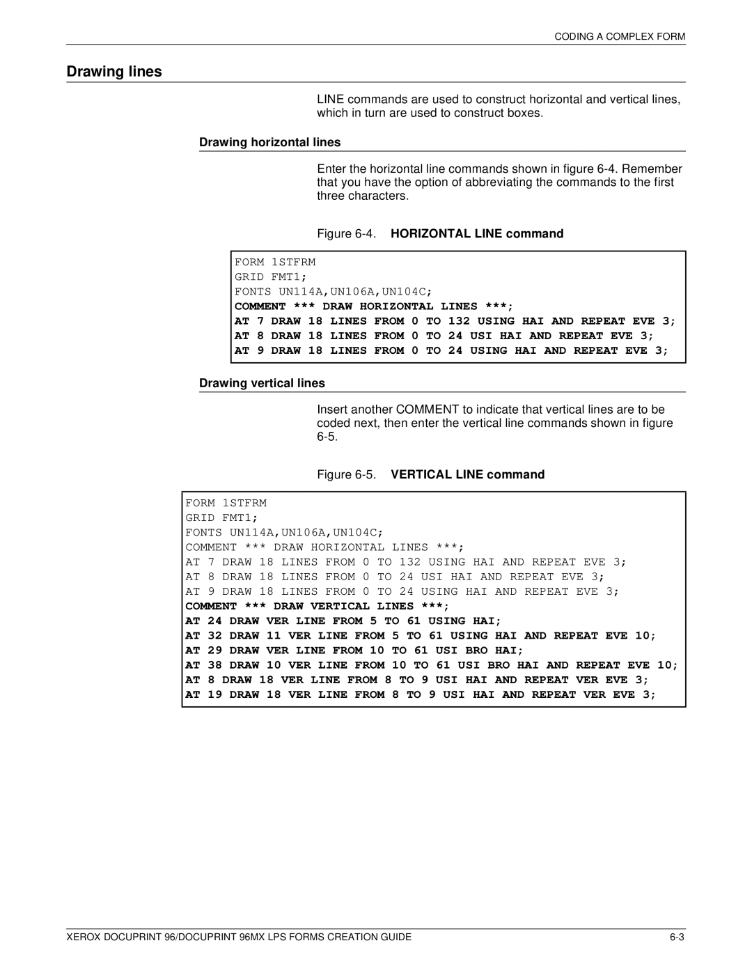 Xerox 96MX manual Drawing lines, Drawing horizontal lines, Drawing vertical lines 