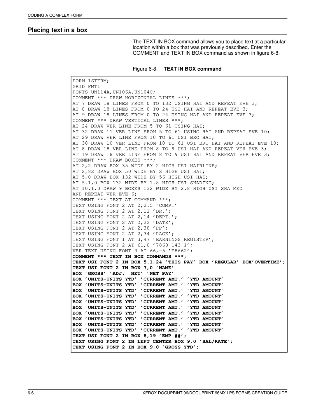 Xerox 96MX manual Placing text in a box, Text in BOX command 