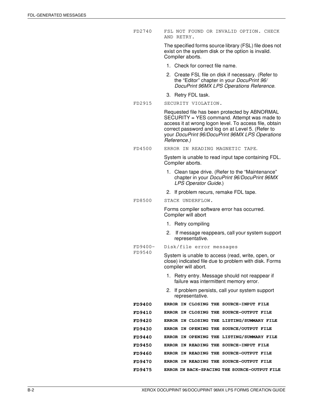 Xerox 96MX manual FD2740 FSL not Found or Invalid OPTION. Check and Retry 