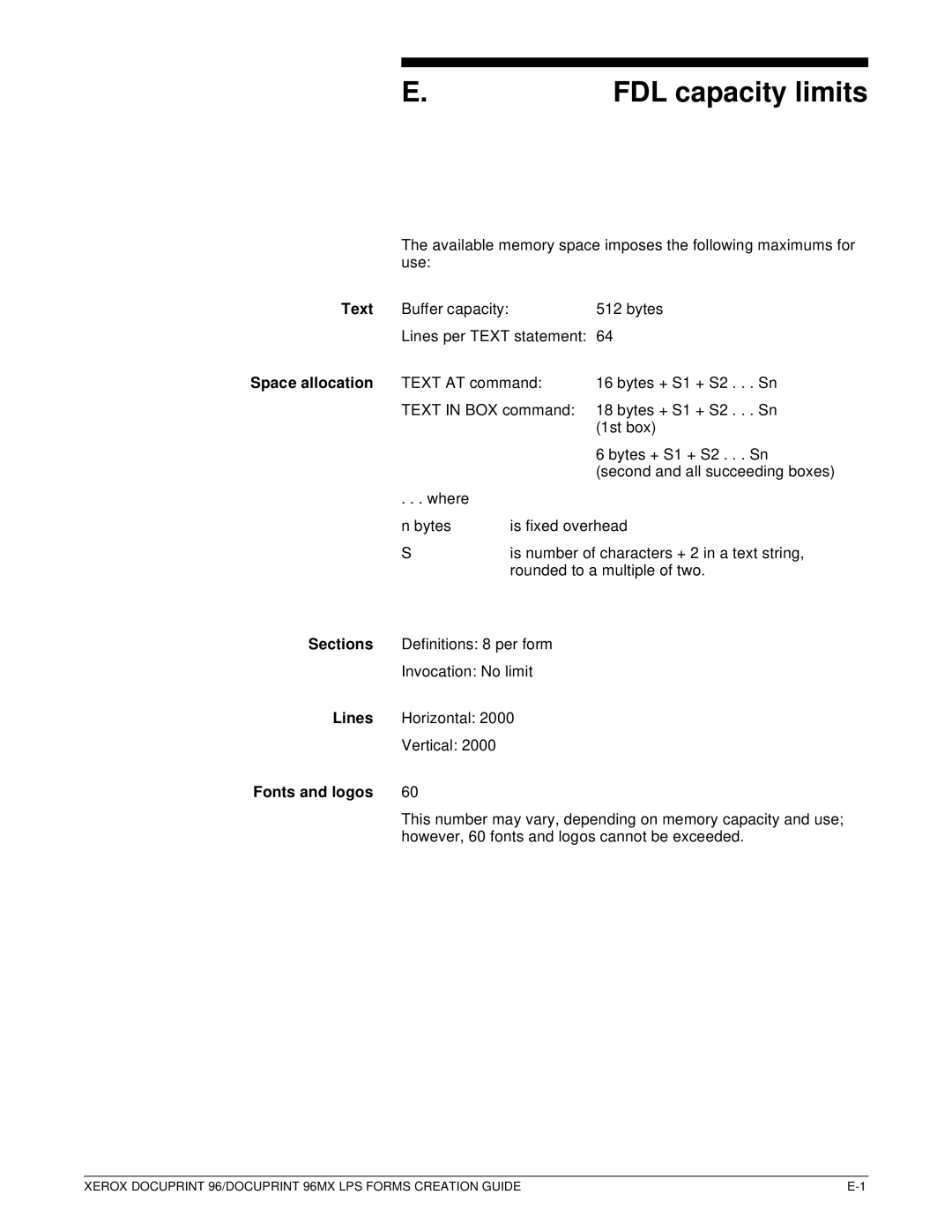 Xerox 96MX manual FDL capacity limits, Sections, Fonts and logos 