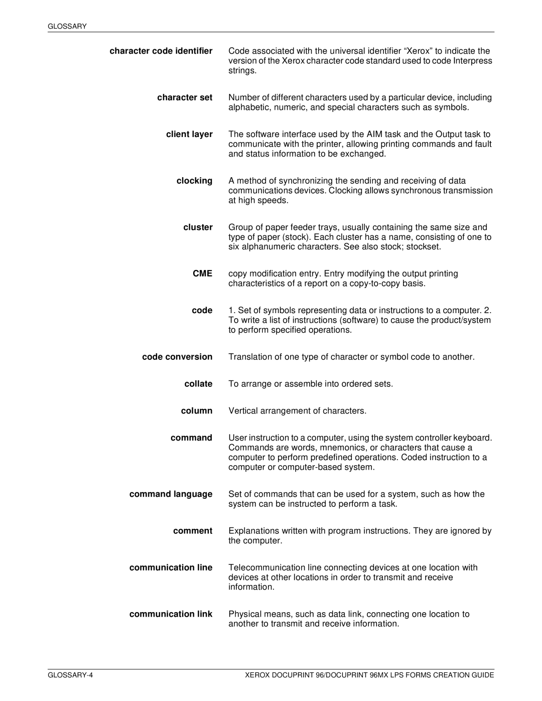 Xerox 96MX manual Glossary 