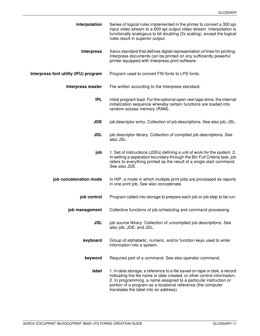 Xerox 96MX manual GLOSSARY-11 