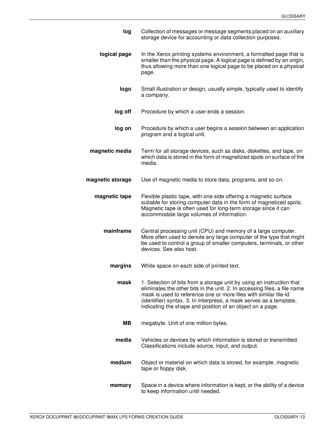 Xerox 96MX manual GLOSSARY-13 