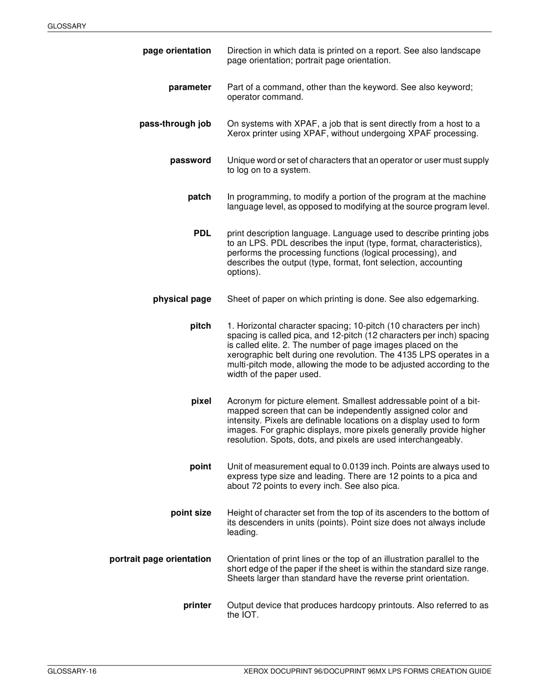 Xerox 96MX manual Glossary 