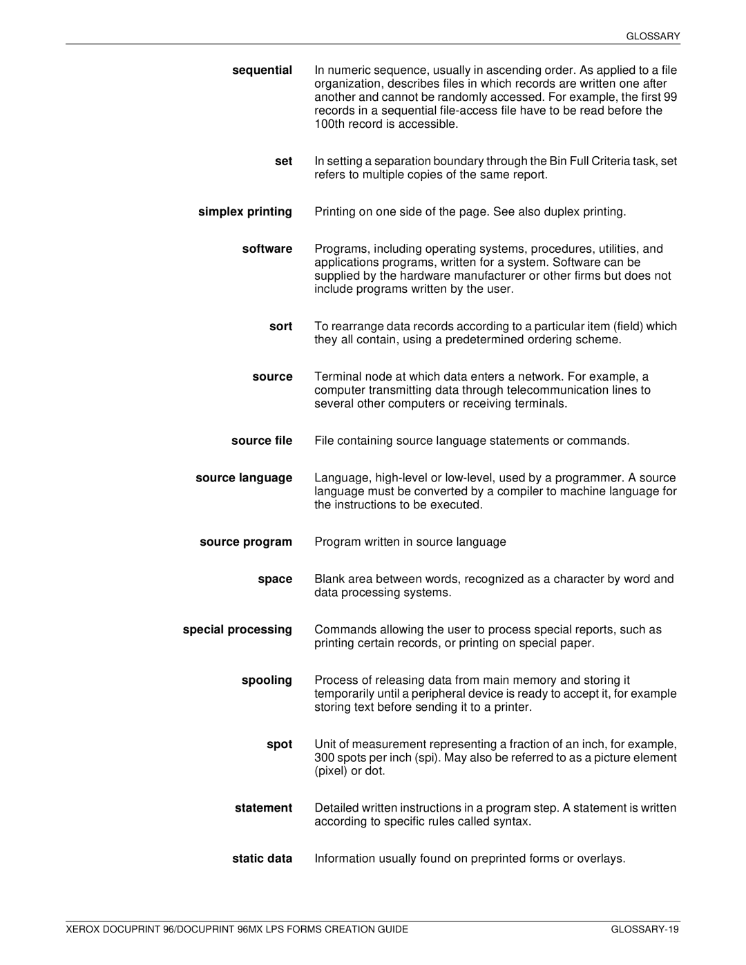 Xerox 96MX manual GLOSSARY-19 