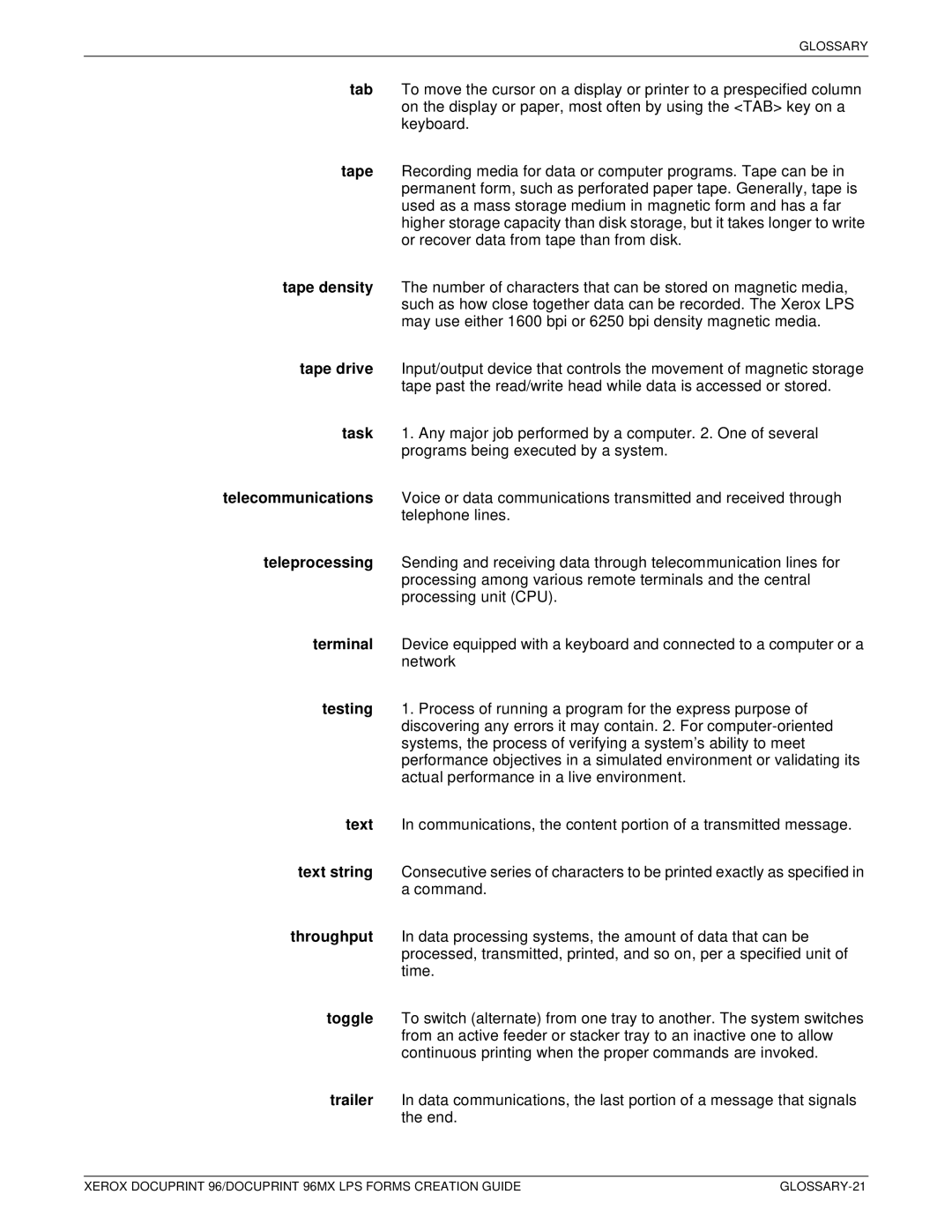 Xerox 96MX manual GLOSSARY-21 