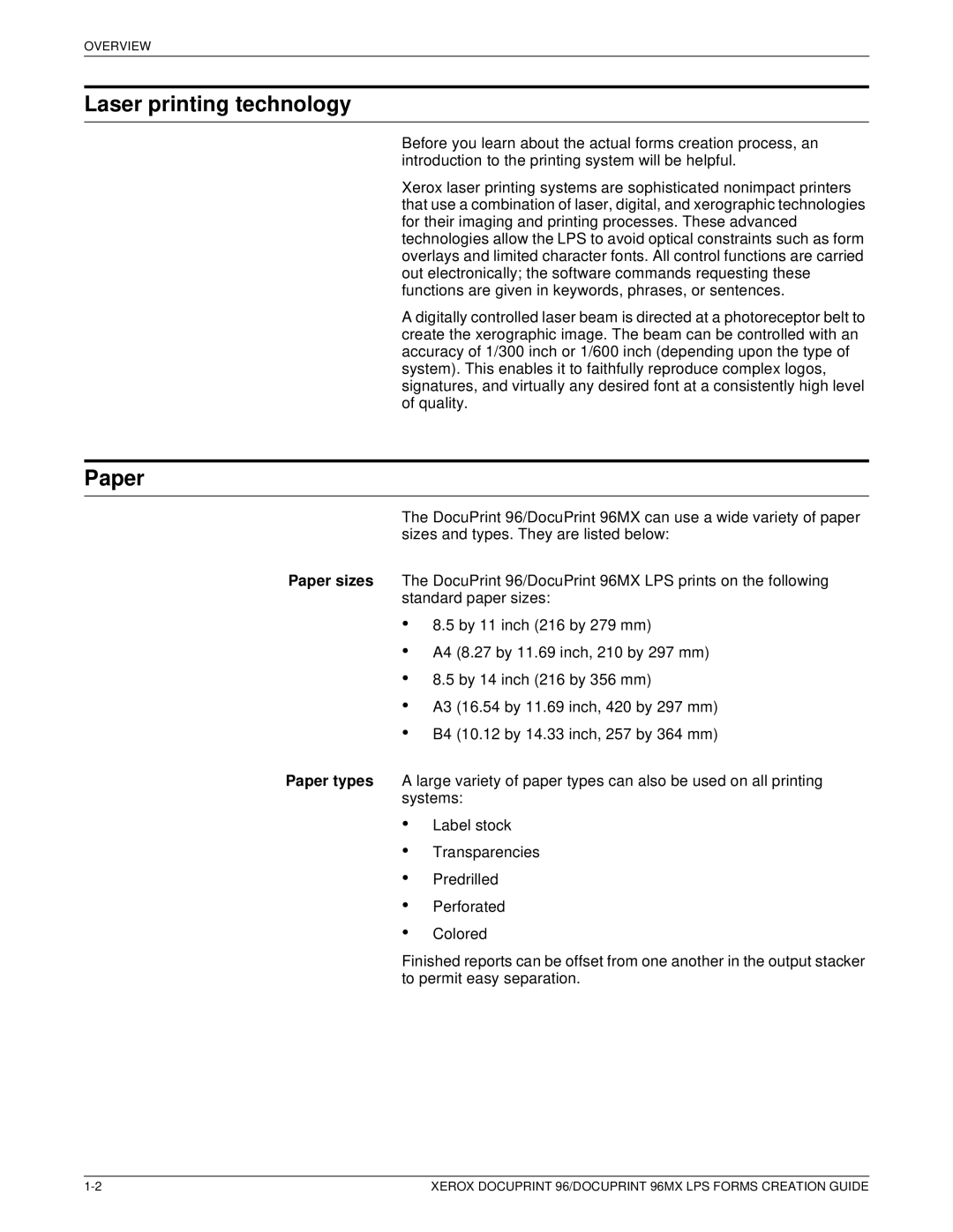 Xerox 96MX manual Laser printing technology, Paper 