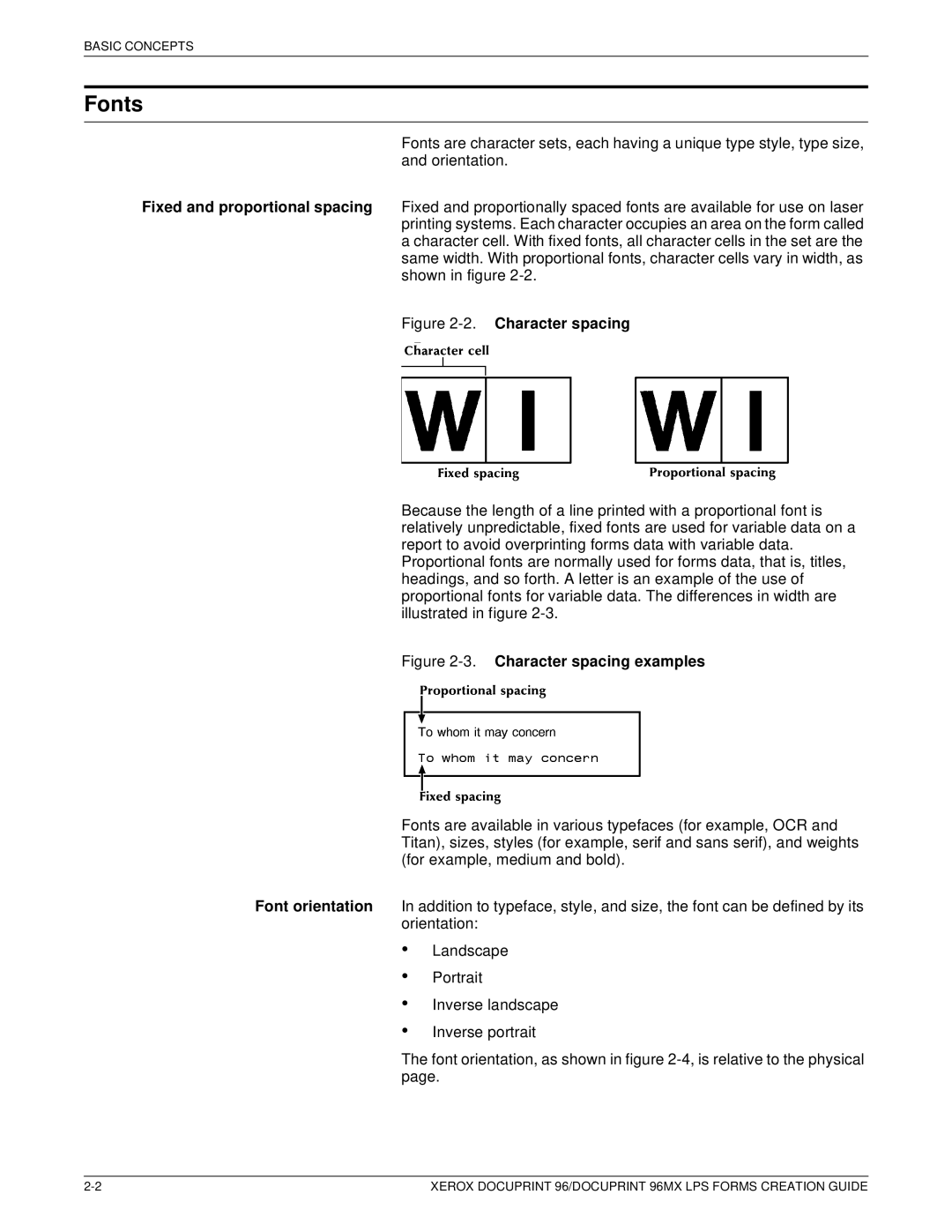 Xerox 96MX manual Character spacing 