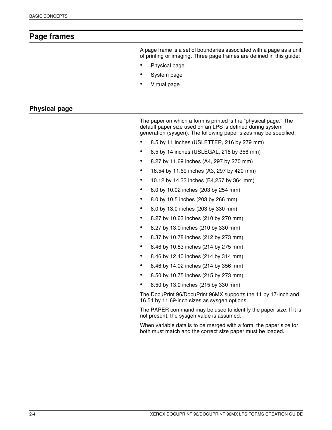 Xerox 96MX manual Frames, Physical 