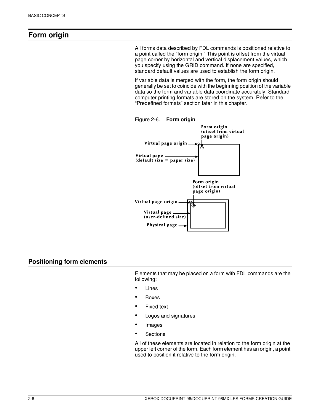 Xerox 96MX manual Form origin, Positioning form elements 