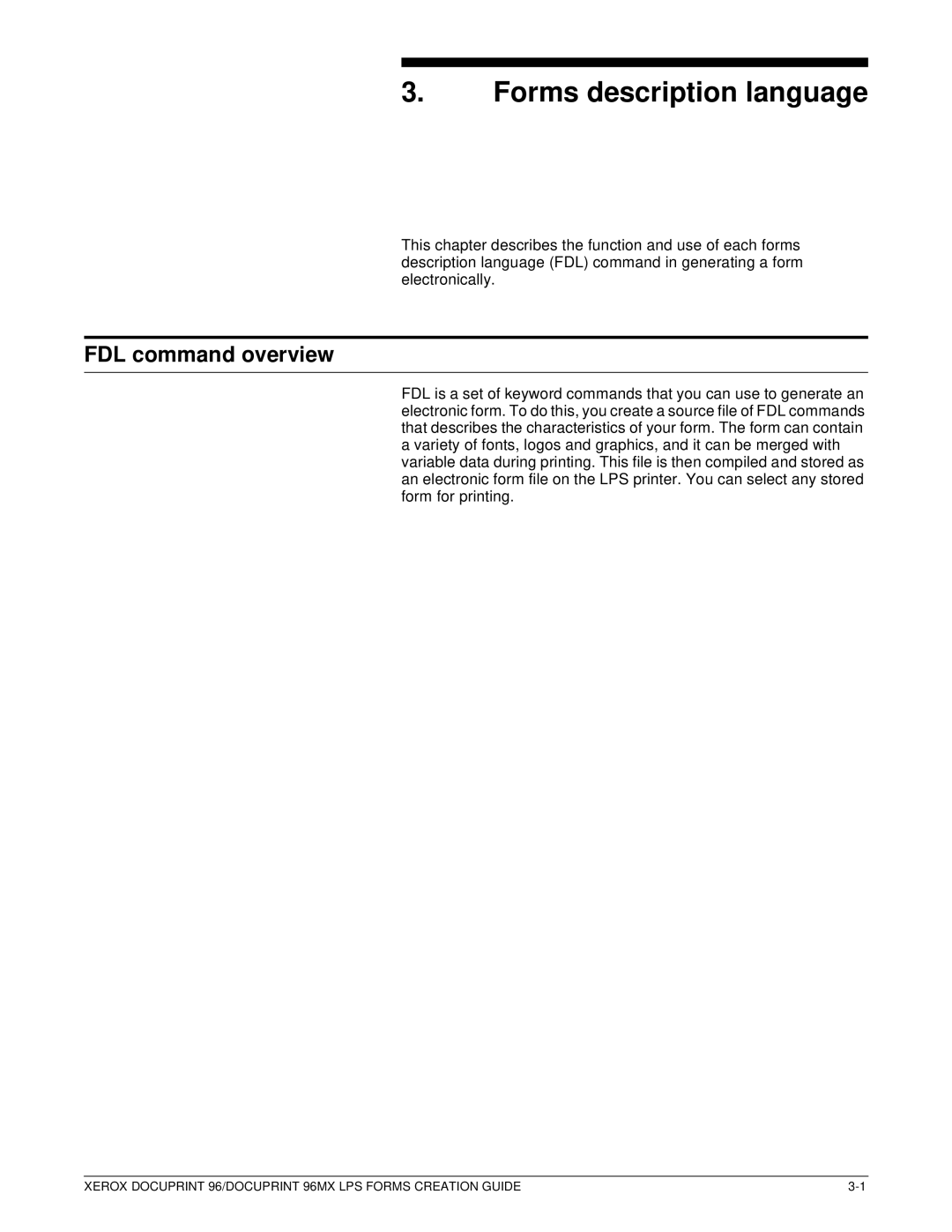 Xerox 96MX manual Forms description language, FDL command overview 