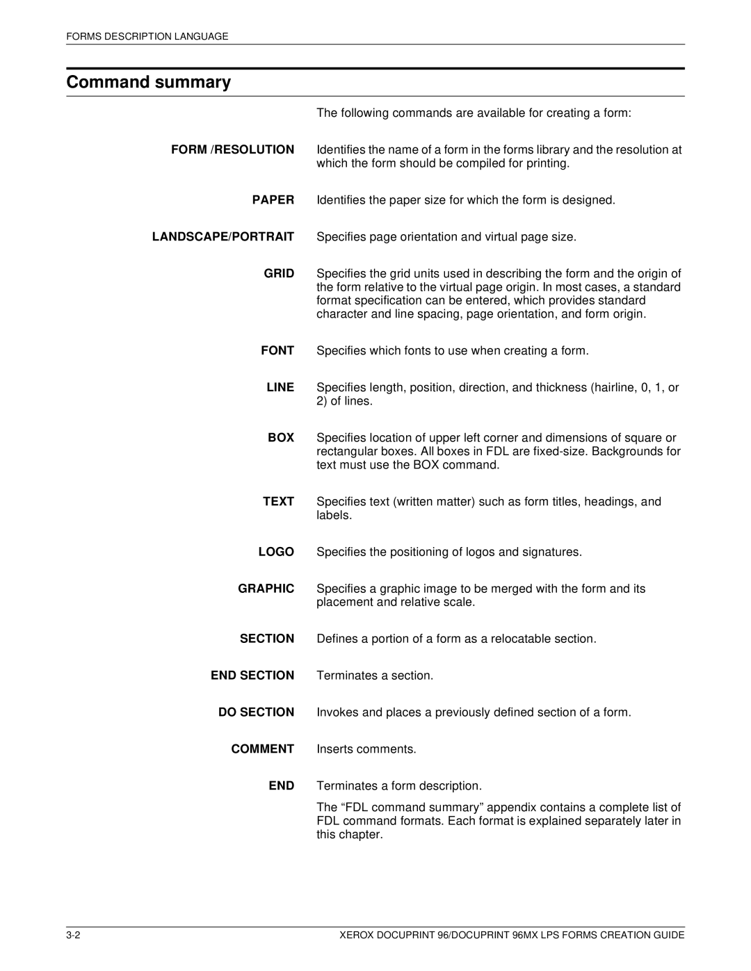 Xerox 96MX manual Command summary 