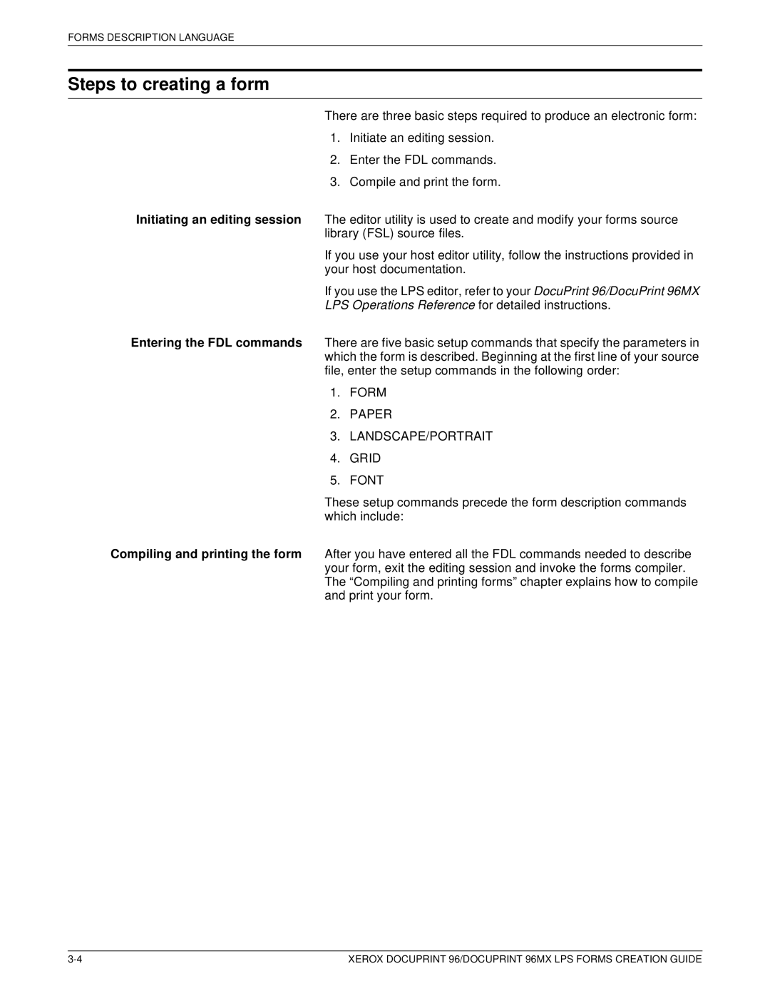 Xerox 96MX manual Steps to creating a form, Form Paper LANDSCAPE/PORTRAIT Grid Font 