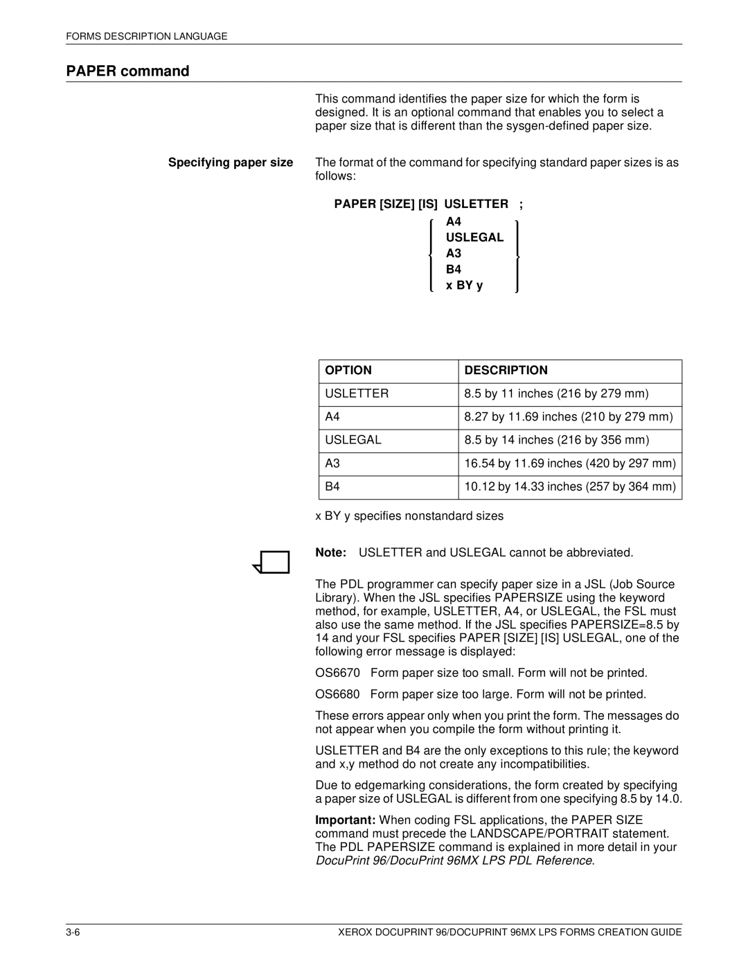 Xerox 96MX manual Paper command, Paper Size is Usletter A4 Uslegal A3, By y, Option Description 