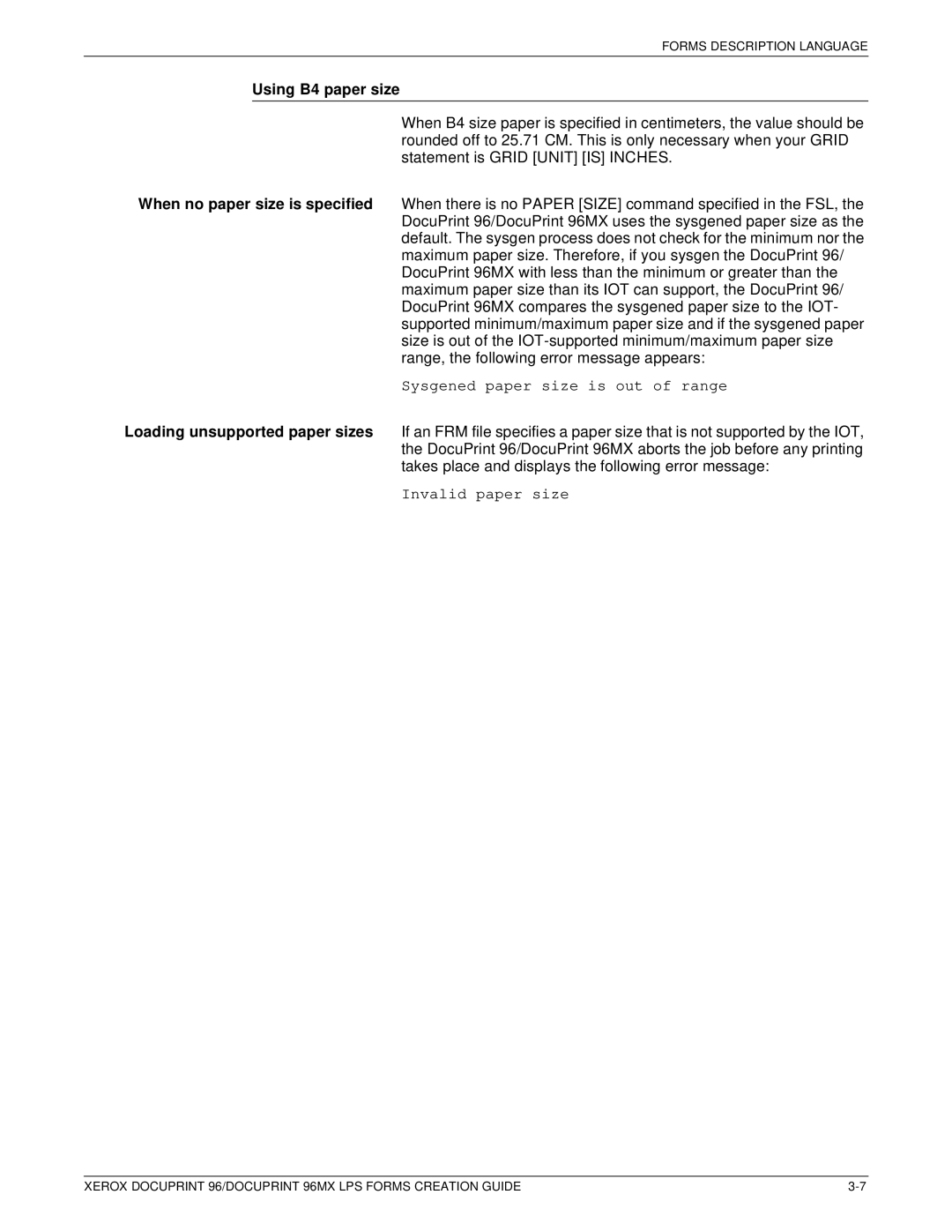 Xerox 96MX manual Using B4 paper size, Sysgened paper size is out of range 