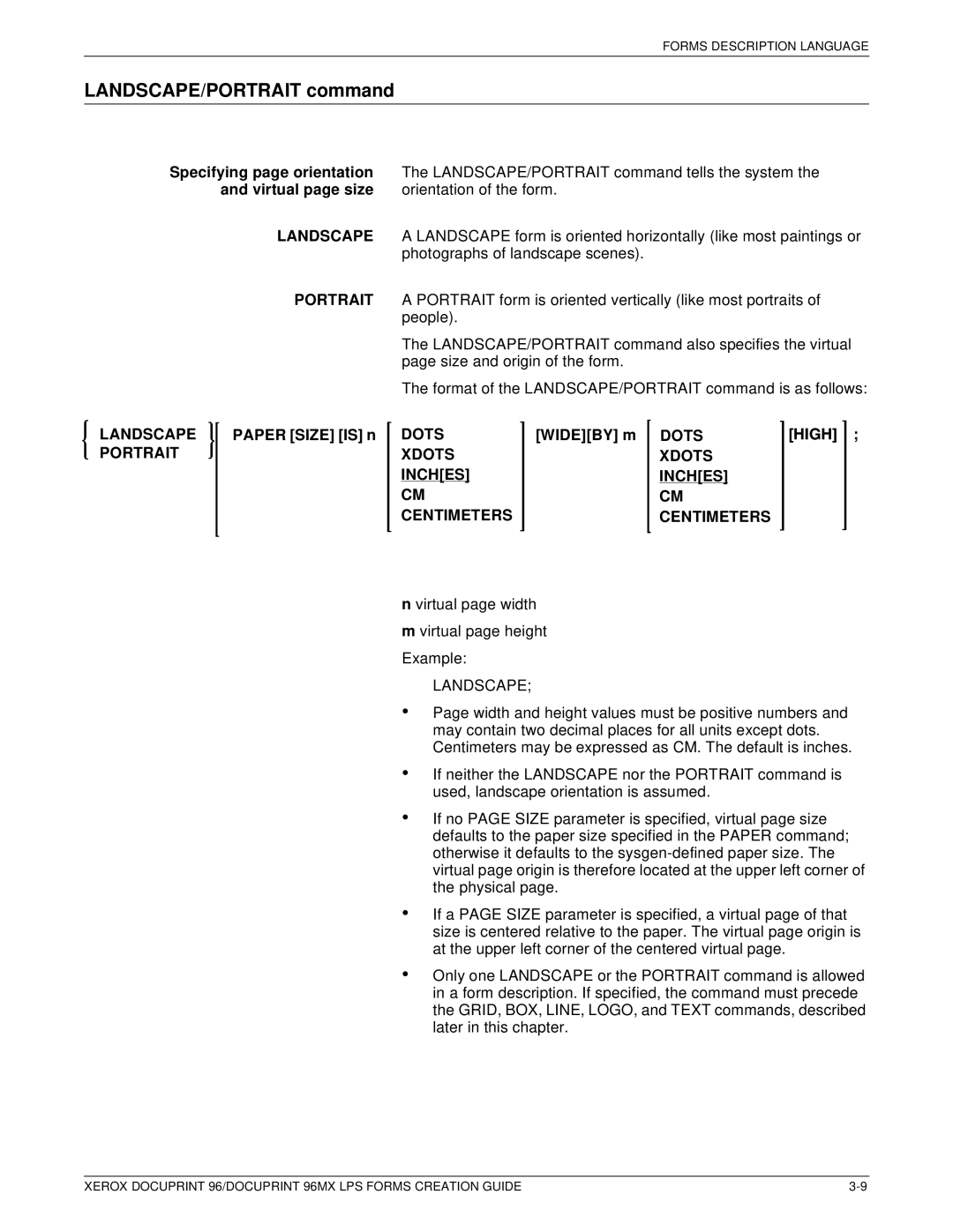 Xerox 96MX manual LANDSCAPE/PORTRAIT command, Virtual page size, Landscape, Paper Size is n Dots Wideby m Dots High 