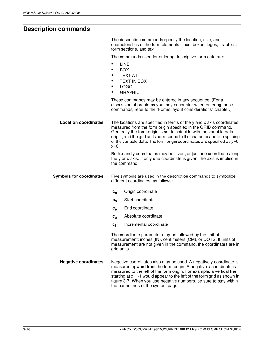 Xerox 96MX manual Description commands 