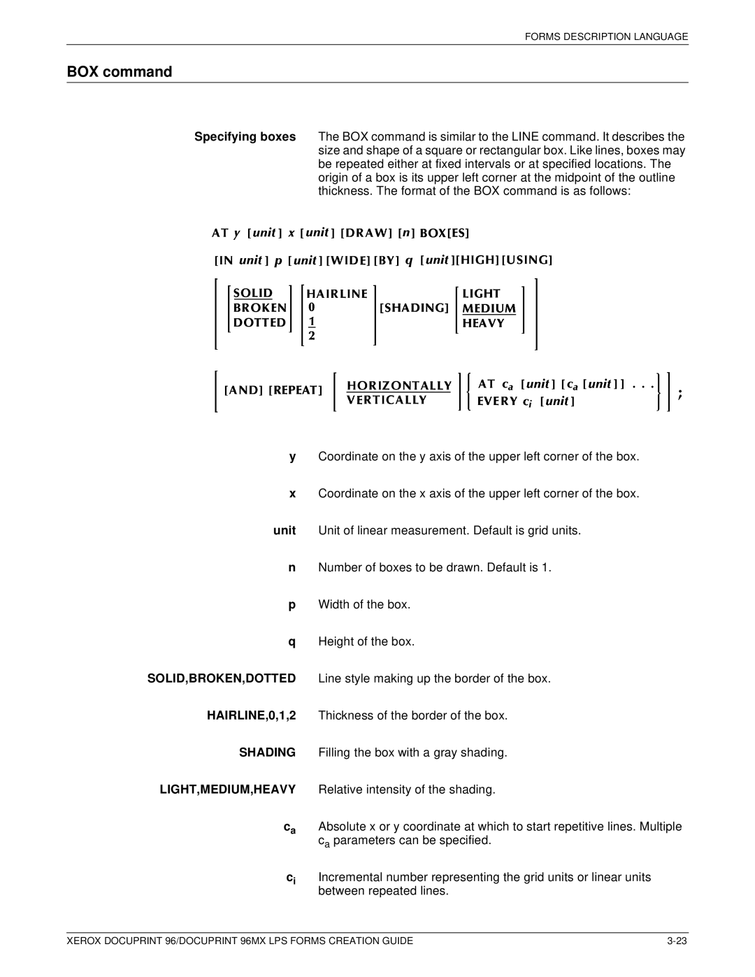 Xerox 96MX manual BOX command 