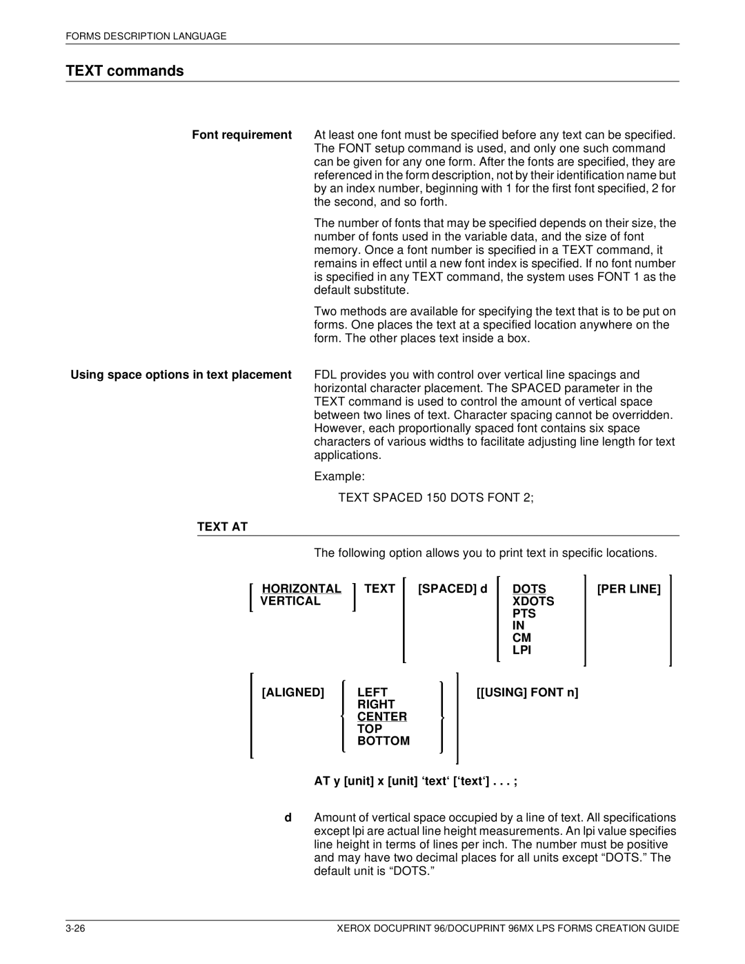 Xerox 96MX manual Text commands, Text AT, Dots PER Line Vertical Xdots PTS LPI Aligned Left, Right Center TOP Bottom 