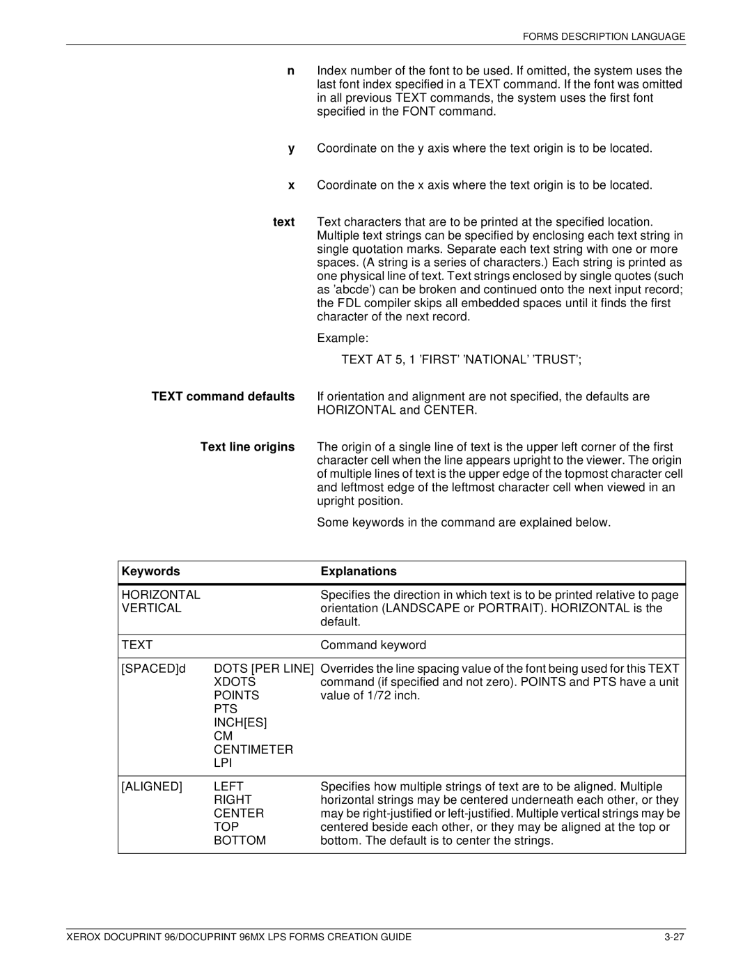 Xerox 96MX manual Text command defaults, Keywords Explanations 