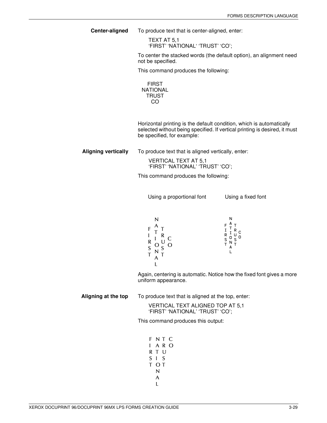 Xerox 96MX manual Text AT 5,1 ‘FIRST’ ‘NATIONAL‘ ‘TRUST’ ‘CO’, Vertical Text AT 5,1 ‘FIRST’ ‘NATIONAL’ ‘TRUST’ ‘CO’ 