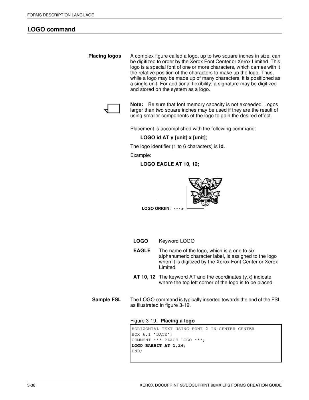 Xerox 96MX manual Logo command, Logo id AT y unit x unit, Logo Eagle AT 10 