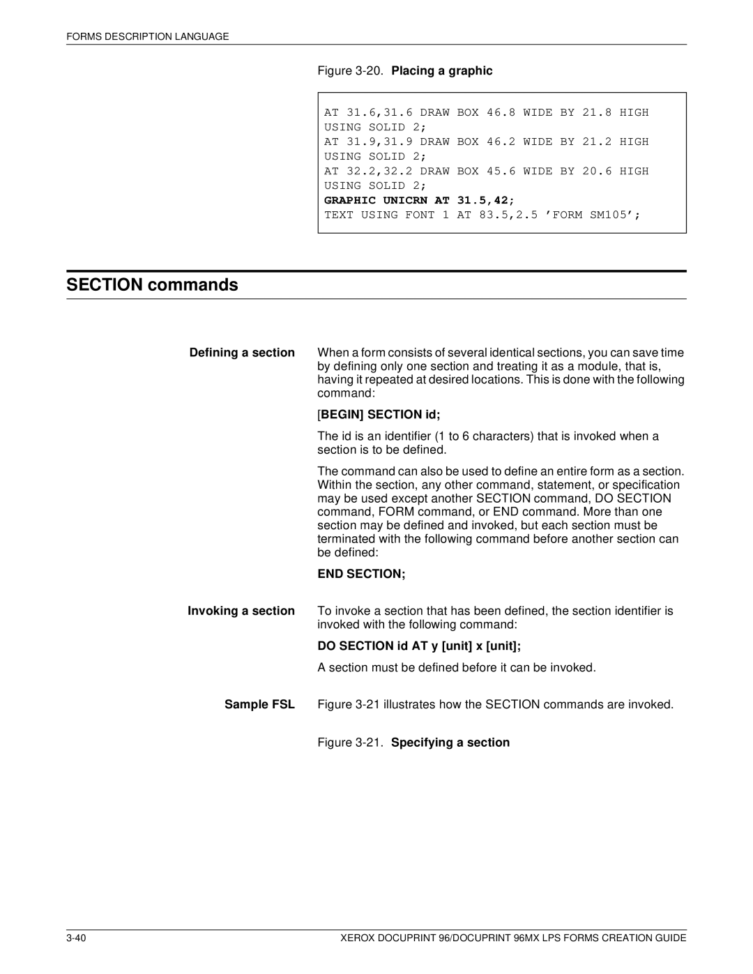 Xerox 96MX manual Section commands, Begin Section id, END Section, Do Section id AT y unit x unit 