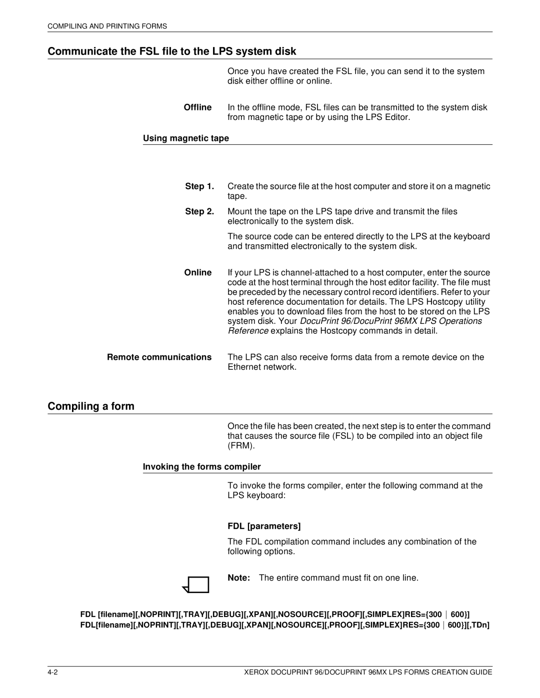 Xerox 96MX manual Communicate the FSL file to the LPS system disk, Compiling a form, Using magnetic tape, FDL parameters 