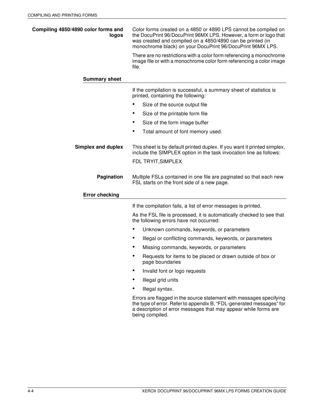 Xerox 96MX manual Compiling 4850/4890 color forms and logos, Summary sheet, Fdl Tryit,Simplex, Error checking 