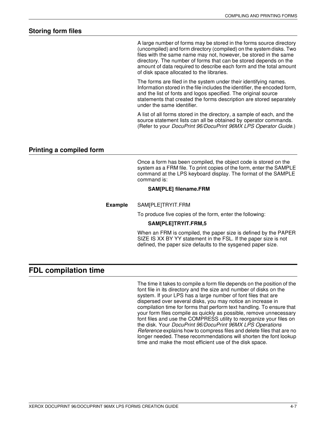 Xerox 96MX FDL compilation time, Storing form files, Printing a compiled form, Sample filename.FRM, SAMPLETRYIT.FRM,5 