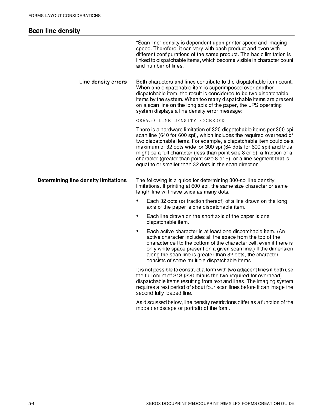 Xerox 96MX manual Scan line density, OS6950 Line Density Exceeded 