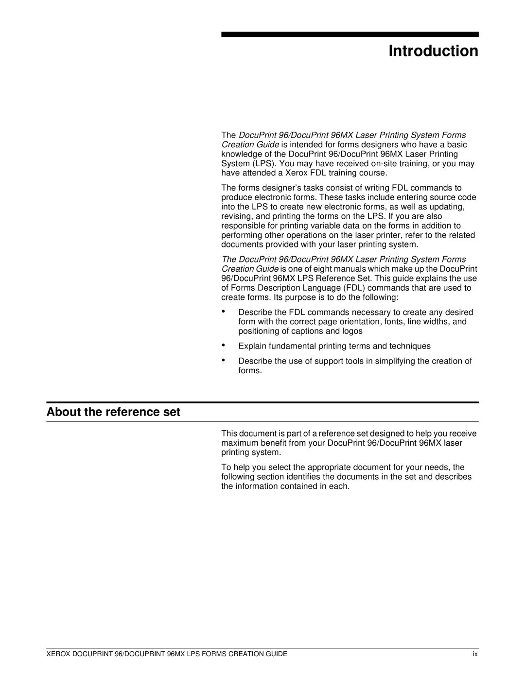 Xerox 96MX manual Introduction, About the reference set 