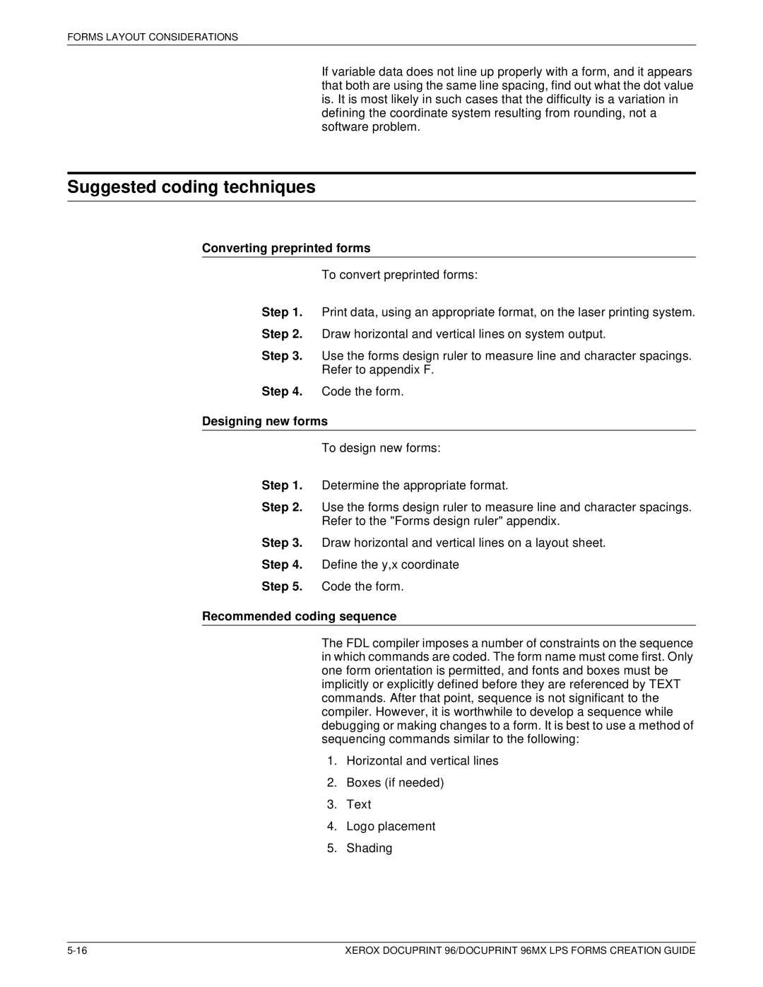 Xerox 96MX Suggested coding techniques, Converting preprinted forms, Designing new forms, Recommended coding sequence 