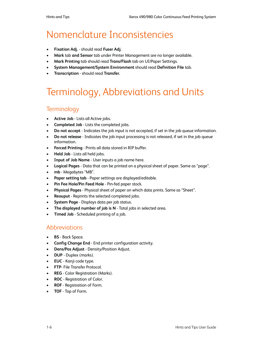 Xerox 980 manual Nomenclature Inconsistencies, Terminology, Abbreviations and Units, Fixation Adj. - should read Fuser Adj 