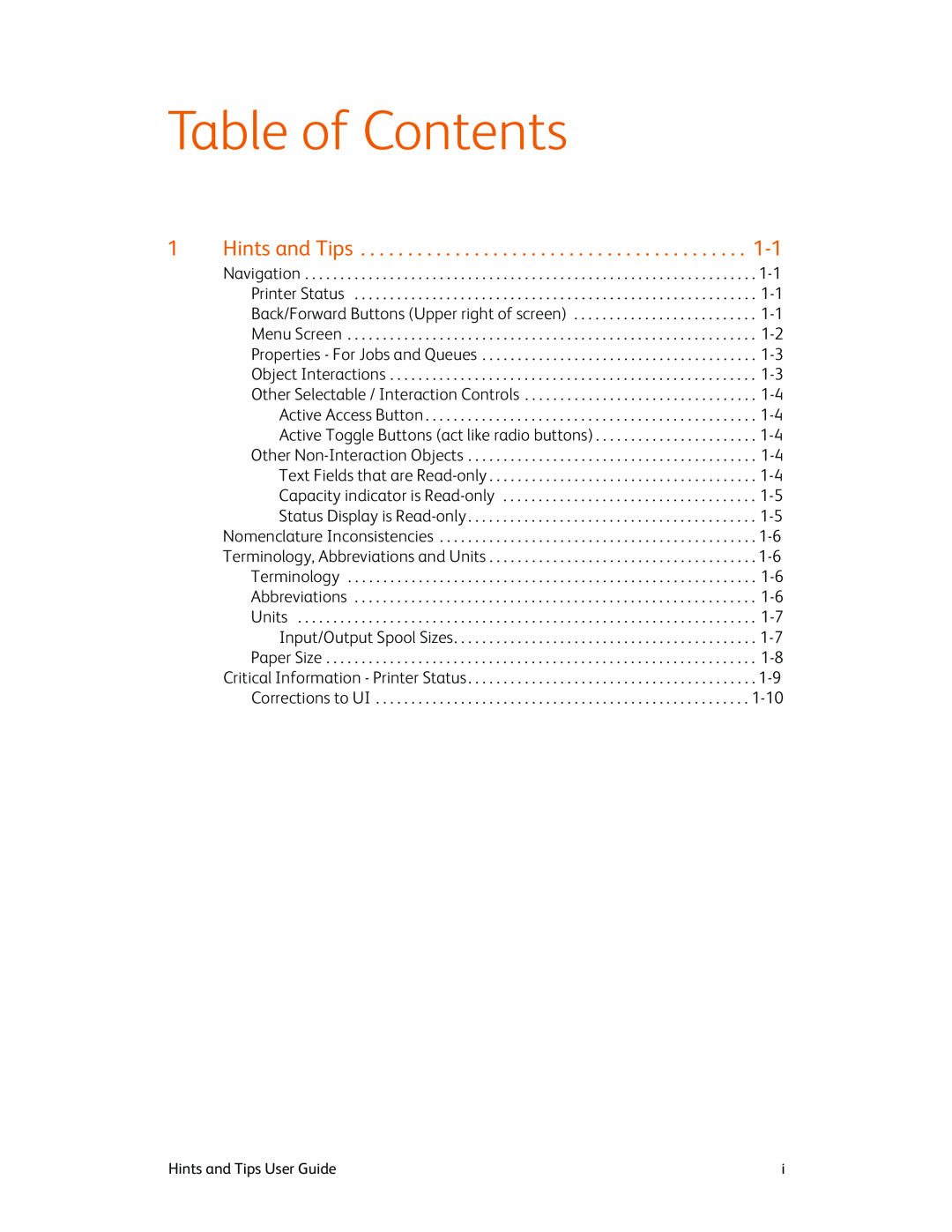 Xerox 980 manual Table of Contents, Hints and Tips User Guide 