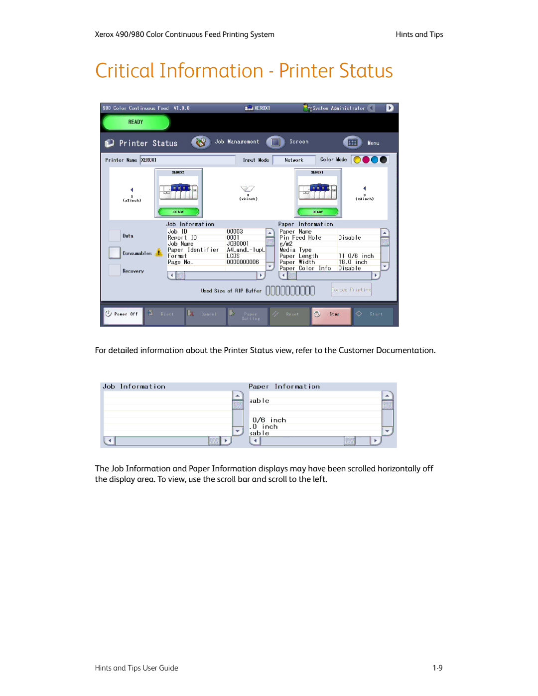 Xerox 980 manual Critical Information Printer Status 